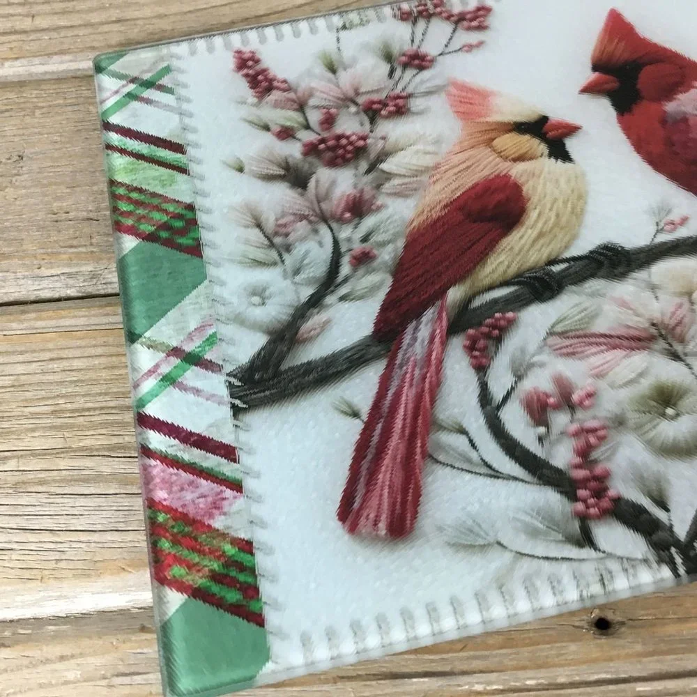 Cardinals on Festive Plaid Glass Cutting Board 11.25